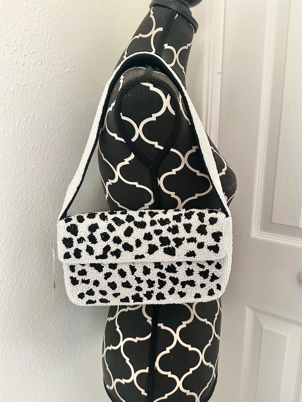 America & Beyond Black White Hand Beaded Polka dot Cow print Shoulder Bag Purse